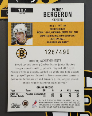 2003-04 Topps Pristine Refractor HIGH GRADE Patrice Bergeron Rookie RC /499 back