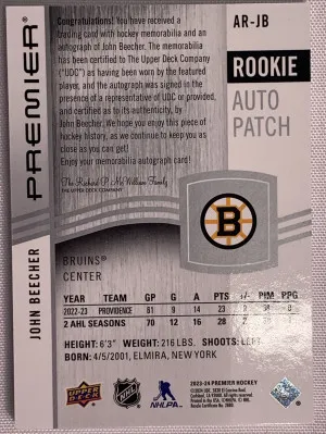 John Beecher Premier Rookie Patch Auto /249 back