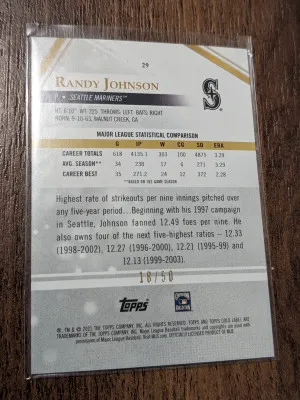 Randy Johnson /50 2021 Topps Gold Label Class 2 Red /50  #29 HOF back
