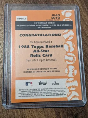 Juan Soto 2023 Topps Series 2 88ASR-JS 1988 All Star Bat Game Used Memorabilia back