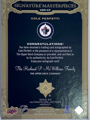 Cole Perfetti Signature Masterpieces Rookie Auto The Cup back