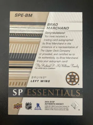 2019-20 Sp Authentic Hockey Brad Marchand SP Essentials Autograph /25 back
