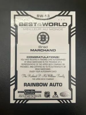 2020-21 O-pee-chee Platinum Brad Marchand Best In The World Rainbow Autograph back
