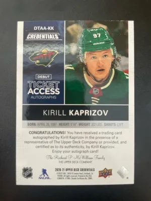 2020-21 Upper Deck Credentials Kirill Kaprizov Debut Ticket Access Autograph /99 back