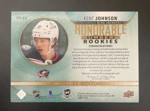 2022-23 The Cup Kent Johnson Honorable Numbers Rookie Patch Autograph /91 back