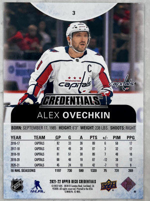 2021-22 Upper Deck Credentials Neon Green #3 Alex Ovechkin /75 back