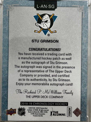 2018-19 UD Chronology- Stu Grimson Letterman Auto /20 back