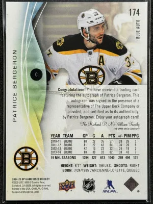 2024 2025-25 Upper Deck SP Game Used Patrice Bergeron #174 Blue Auto back