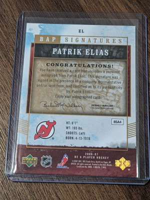2006-07  UD Be A Player Signatures #EL Patrik Elias New Jersey Devils Auto back