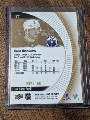 Evan Bouchard /199 Gold Glitter Bomb Second Print 2023-24 Upper Deck Allure Gold Glitter Bomb /199  #47 back