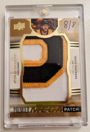 2021-22 UD Premier David Pastrnak Mega Patch Sleeve Number /8 Jersey Number!? SSP front