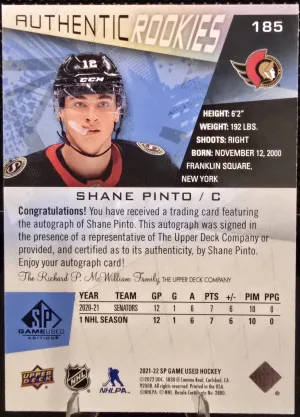 2021-22 SP Game Used Shane Pinto #185 Senators Authentic Rookies Blue Auto back
