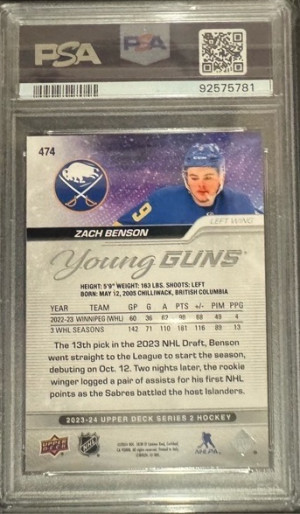 2023 Upper Deck Zach Benson Young Guns PSA 10 Gem Mint back