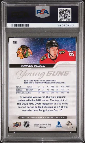 2023 Upper Deck Connor Bedard Young Guns PSA 10 Gem Mint back