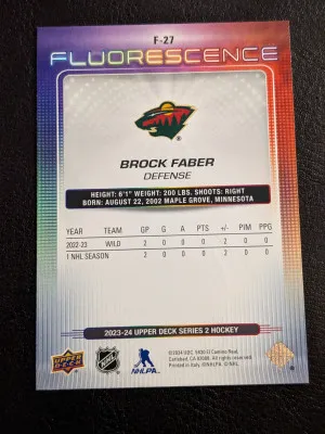 BROCK FABER FLUORESCENCE RED ROOKIE 2023-24 UPPER DECK #F-27 RC back