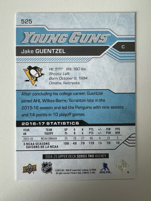 2025 2024-25 Upper Deck Young Guns Jake Guentzel #525 Rookie back