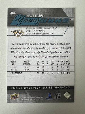 2024-25 Upper Deck Juuse Saros #464 Rookie Young Guns back