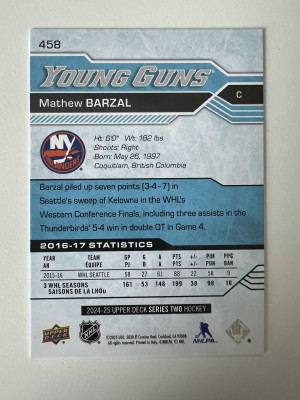 2025 2017-18 Upper Deck Young Guns Mathew Barzal #458 Rookie back