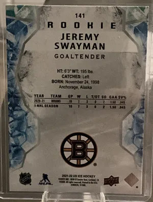 2022-22 Upper Deck Ice Jeremy Swayman Rookie Green Parallel back