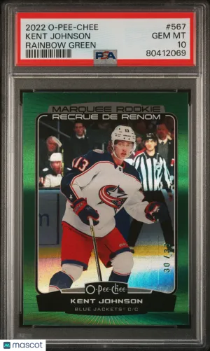 Kent Johnson 2022-23 UpperDeck O-Pee-Chee Rookie Green Rainbow 30/33 #567 PSA 10 front
