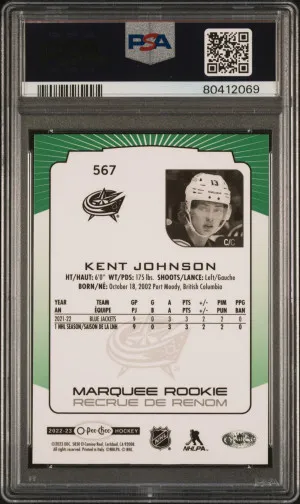 Kent Johnson 2022-23 UpperDeck O-Pee-Chee Rookie Green Rainbow 30/33 #567 PSA 10 back