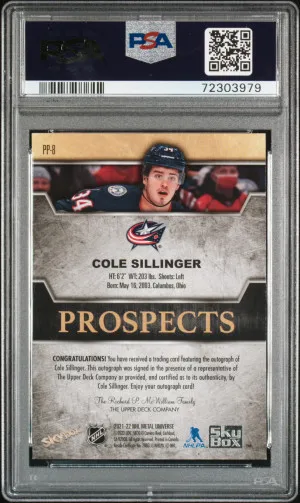 Cole Sillinger 2021-2022 Metal Premium Prospects Sapphire Auto #PP8 PSA 10 back