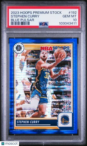 2023 Panini Hoops Premium Stock Stephen Curry #192 Blue Pulsar /75 PSA 10 front