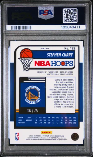 2023 Panini Hoops Premium Stock Stephen Curry #192 Blue Pulsar /75 PSA 10 back