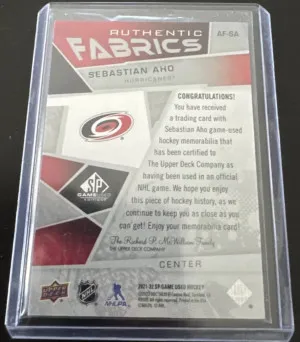 SEBASTIAN AHO 2021-22 UPPER DECK SP GAME USED AUTHENTIC FABRICS PATCH back