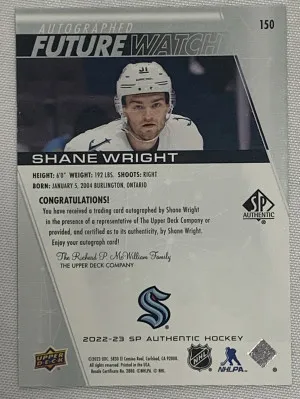 2022-23 SP Authentic Shane Wright Future Watch Auto /999 back