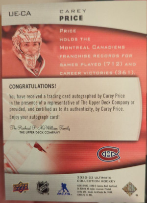 22-23 UD Ultimate Collection Carey Price Auto back