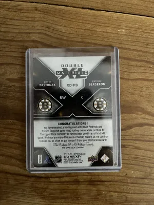 2018-19 SPx Double XL materials David Pastrnak Patrice Bergeron /199 back