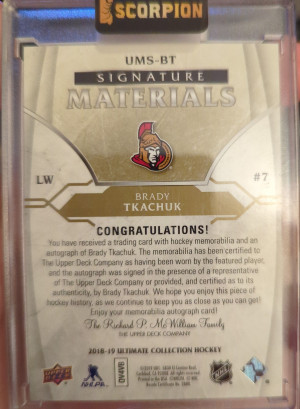 2018-19 UD Ultimate Signature Materials Brady Tkachuk 3/49 back