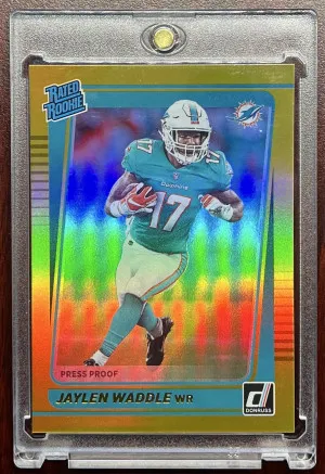 2021 Donruss Rated Rookie Jaylen Waddle Gold Press Proof front