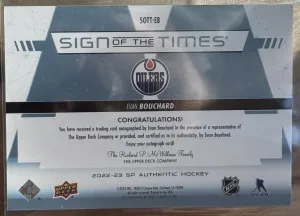 2022-23 SP Auth. Sign Of The Times Evan Bouchard Autograph back