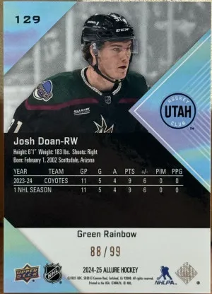 2024-25 Allure Hockey Josh Down Green Rainbow Rookie /99 back