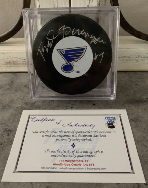 Red Berenson Autographed Puck (St. Louis Blues) - Frozen Pond COA front