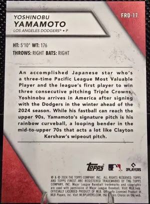 2024 Topps Finest Yoshinobu Yamamoto Finest Rookies /125 Refractor RC back