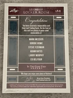 2022 Leaf ITG Legendary Locker Room - Silver Sparkle 3/15 Short Print, Messier, Howe, Yzerman, Oates, Murphy, Belfour (All NHL Hall Of Famers 🔥🔥).   Card LR-9 back