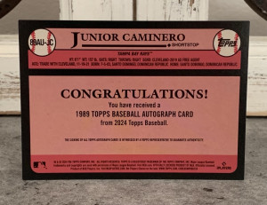 2024 Topps Update Junior Caminero 1989 35th Anniversary Auto #89AU-JC RC Rookie Card back