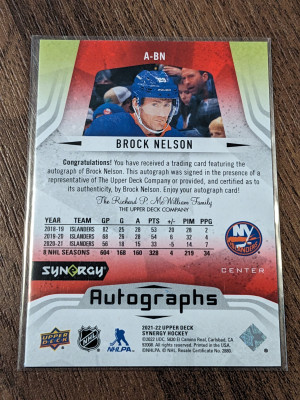 Brock Nelson Auto /25 2021-22 Synergy Autographs Red #ABN back