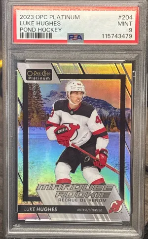 2023-24 OPC Plat Luke Hughes Pond Hockey SSP PSA 9 front