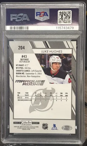 2023-24 OPC Plat Luke Hughes Pond Hockey SSP PSA 9 back