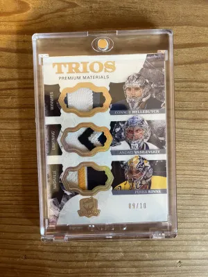 2017-18 The Cup Trios #C3-GOA Connor Hellebuyck Andrei Vasilevskiy Pekka Rinne Jersey Gold Premium Material Triple Patch 9/10 front