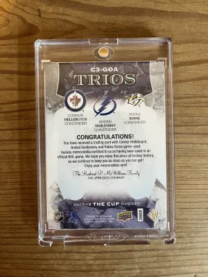 2017-18 The Cup Trios #C3-GOA Connor Hellebuyck Andrei Vasilevskiy Pekka Rinne Jersey Gold Premium Material Triple Patch 9/10 back