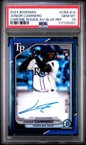 2024 Bowman Chrome Rookie Autographs Junior Caminero Chrome Rookie Au-Blue Ref PSA 10 front