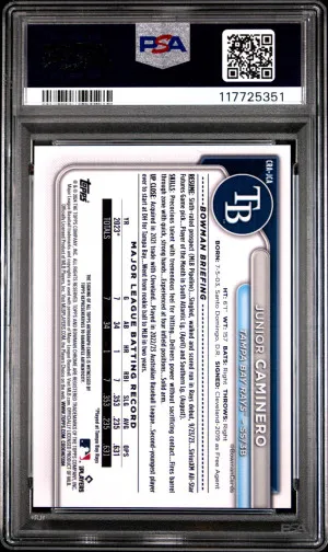 2024 Bowman Chrome Rookie Autographs Junior Caminero Chrome Rookie Au-Blue Ref PSA 10 back