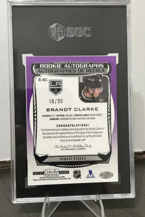 22-23 O-Pee-Chee Platinum Brandt Clarke Violet Pixels Rookie Auto /99 Graded SGC 9 back