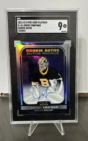 21-22 O-Pee-Chee Platinum Jeremy Swayman Cosmic Rookie Auto SGC 9 front