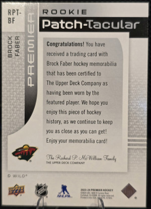 2023-24 Upper Deck Premier Rookie Patch-Tacular #RPT-BF Brock Faber /25 back